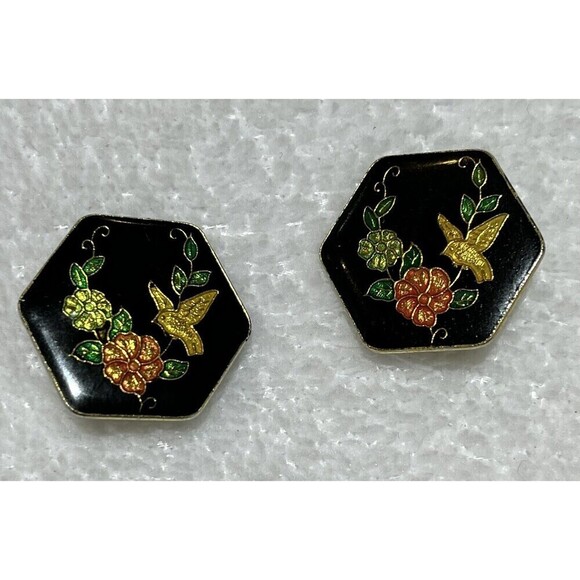 Vintage Cloisonné Bird Clip On Earrings Retro Bird Lovers Gold Tone Hexagon - Picture 6 of 10